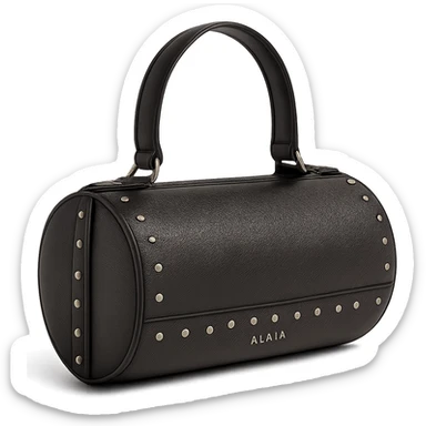 Make the Alaïa Teckel bag look more photorealistic with realistic leather texture, metallic studs, and natural lighting, on a white background. Keep the cylindrical shape and luxury details. Preserve transparency if present. sticker
