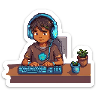 young Indian boy hacker wearing headphones coding on a desktop computer with a playful expression, pixel art style sticker