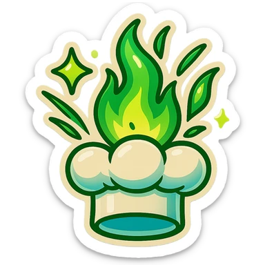 chef's hat explode with trails of fires, emoji, playful, magic flame green gradient, vibrant, flame matching style reference file sticker