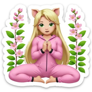 sexy and muscled, full body, in pink kegurumi pig pijamas, sexy girl, long blond hair, beautiful green eyes, makeup, earrings, muscled, surrounded by pink flowers and sakura petals sticker