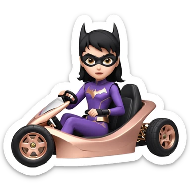 Hot full size real-appearance enclosed electric racing action BatGirl’s feminine midnight-colored tight outfit sixty’s tv show 1992 dark stealthy sporty safe plush petite off-road pursuit cruiser car rose gold accents (black hair,reclined and relaxed torso and shoulders seating position) go kart  sticker