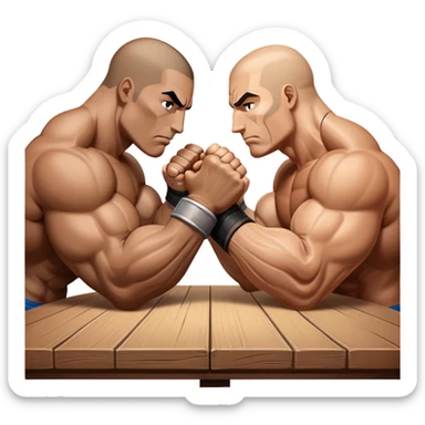 Two powerful arms locked in an intense arm wrestling competition. One arm is strong and steady, while the other strains to push back. The background shows a simple table with a focus on the clash of strength and determination. Transparent background. sticker