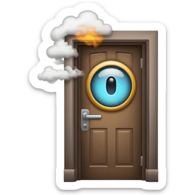 Minimalist emoji-style sticker of a half-open door, with smoke and a single glowing eye visible in the dark inside. Flat design, desaturated colors.
 sticker