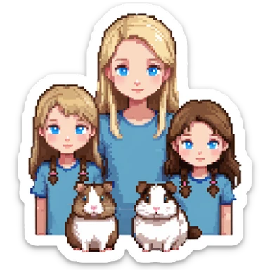 Family portrait with father with dark brown hair and blue eyes, mother with light brown hair and blue eyes, three blonde little girls with blue eyes, plus a grey cat and two guinea pigs sticker