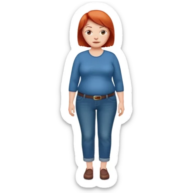 Lazy old Short woman with straight short red hair and fat tummy..wears business casual jeams and full sleeve  tshirt sticker