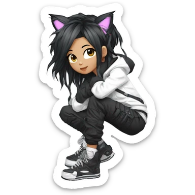 Edgy beautiful pretty anime punk tomboy with cat ears techwear cargo pants hoodie sticker