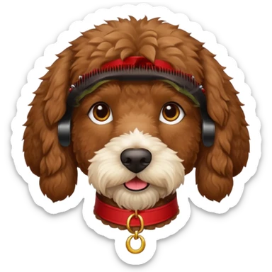 dark brown goldendoodle with straight fur and a red collar sticker