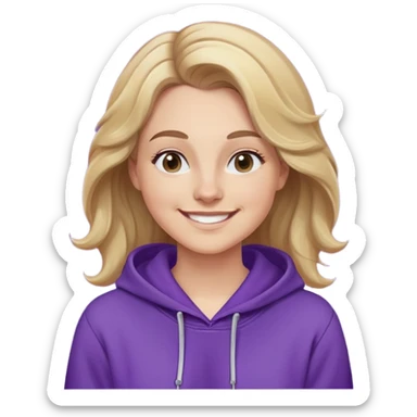 Mujer caucasian, cara redonda, cejas suaves, pelo ondulado castaño claro con puntas rubias, raya al lado. Sonrisa amplia, expresión feliz. Hoodie lila puesta sticker