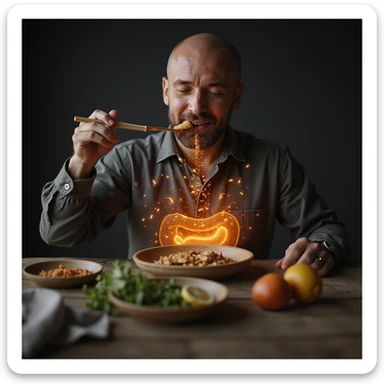 hyperrealistic 4K image of a man eating slowly, food emits glowing trails of nutrients, gut microbiome illustrated as happy characters, Zen table setting, reference image for face sticker