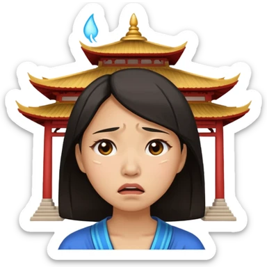 Asian woman agonizing over temple sticker