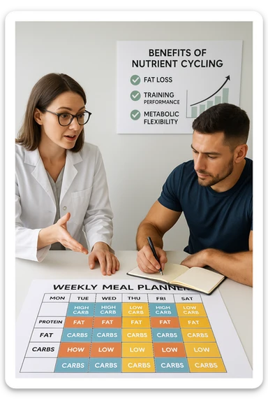 a nutritionist explains to an athlete how to cycle macronutrients for fat loss and training. On the desk, a weekly meal planner shows alternating high-carb and low-carb days, with color-coded sections for proteine, grassi, and carbo. The athlete takes notes, and a chart in the background illustrates the benefits of nutrient cycling. The mood is professional and educational. scritto in italiano sticker