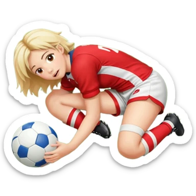 Chica de pelo rugby tirada en el suelo de un campo de rugby boca abajo agarrando un balón con las manos vestida con una equipación de color rojo y blanco con líneas y con unas botas de tacos de fútbol, con un bucal en la boca sticker