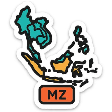 Southeast Asia map zone, modern, bold colors, labeled MZ, icon or logo style sticker
