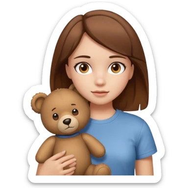 A Girl with Brown hair and Brown eyes with a t-shirt of a Teddy bear sticker