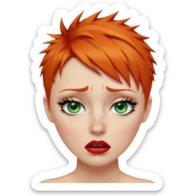 Short spikey Ginger hair, green eyes, black long eye lashes large red lips White woman crying tears on face sticker