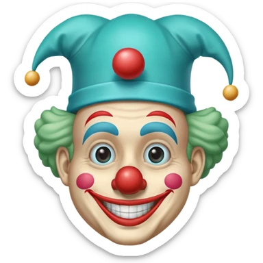 Chú hề, đội mũ chú hề cao xanh nước biển, cười tươi, khuôn mặt dài, 25 tuổi sticker