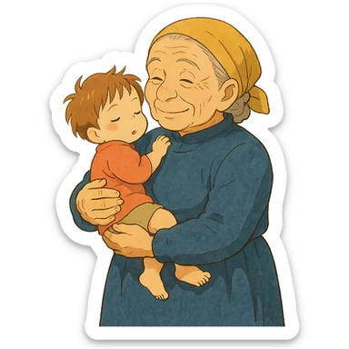 ghibli style old person holding a child in their arms sticker