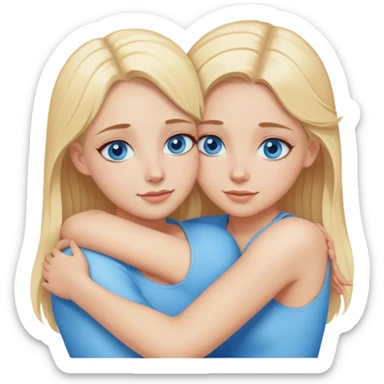 Cinematic realistic two sisters with blonde hair and blue eyes hug sticker
