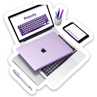 top view of a MacBook and a notebook with a pen nearby, notebook with visible notes, MacBook screen showing a beauty salon logo on a purple background sticker