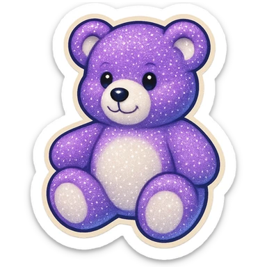 Add a glitter effect to the purple and white teddy bear's fur, keep it soft and plush, no shadows, flat lighting, no background. sticker