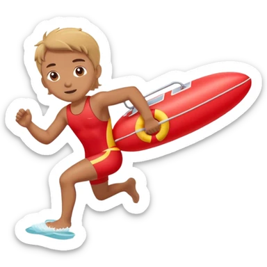 lifeguard in red swimsuit running with rescue float sticker