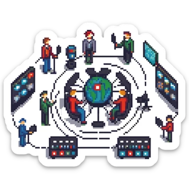 pixel art style illustration of a professional filmmaking network showing multiple cinema professionals (director, cameraman, sound engineer, editor, etc.) connected by lines or connection symbols, collaborative atmosphere, figurative style, large image sticker