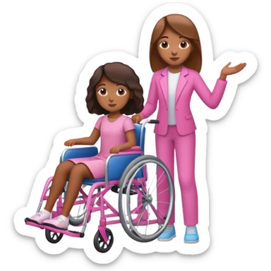 One tan skin sister standing behind her brown skin sister in a pink wheelchair sticker