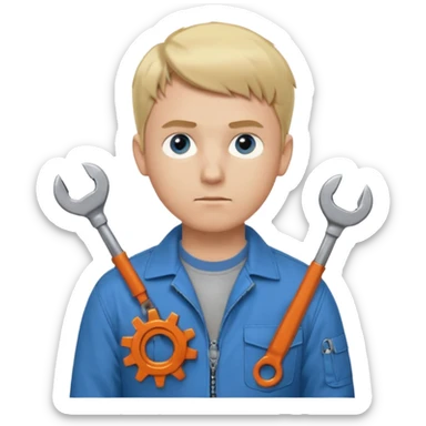 Calm and independent male technician, fair skin, short blonde hair, cool light-blue eyes, serious but composed expression, wearing a blue work jacket over a grey t-shirt, holding a wrench in one hand and a mechanical gear in the other, waist-up, front-facing sticker