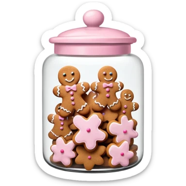 Realistic glass cookie jar with light pink lid full of gingerbread cookies isolated.  sticker