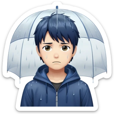 Anime character boy with sad expression standing in the rain, anime art style sticker