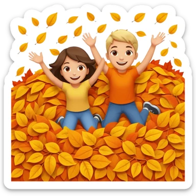 two children mid-air above a big pile of orange and yellow leaves, smiling faces sticker
