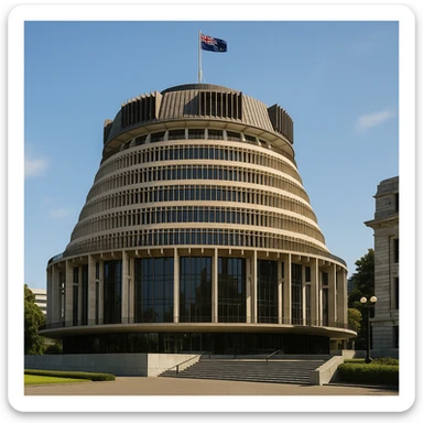 the Beehive Parliament building in Wellington, New Zealand, iconic cylindrical modernist architecture, recognizable silhouette, no text sticker
