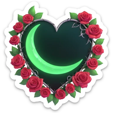 gothic heart made of obsidian glass, silver crescent moon, glowing crimson roses, holographic stardust, neon green lightning, wet and cracked glass sticker