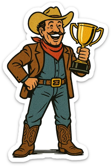 The full body of a very happy American West cowboy from the 1860s looking wealthy and holding a trophy sticker