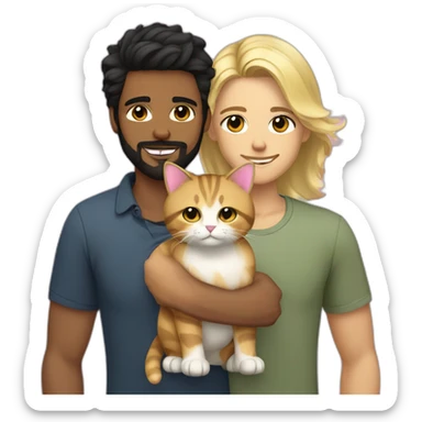 Gay male couple Latino Black hair and beard male and Australian blonde hair male , with a cat in the middle sticker