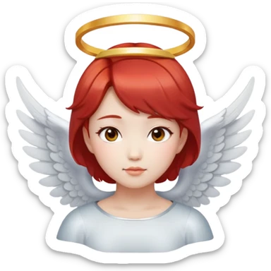 Asian angel girl with short red hair, oval face, and halo sticker