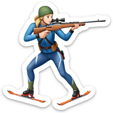 An icon showing a snowy landscape with pine trees, mountains, and a clear sky with a biathlete aiming a rifle in the foreground, wearing winter gear and skis. Transparent background emphasizes the precision, endurance, and beauty of this winter sport. sticker