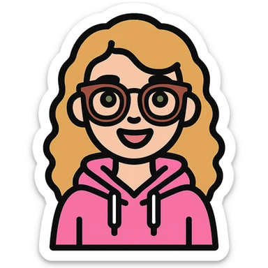 Edit the portrait to show a girl with lighter skin, dark blonde wavy hair, green eyes, wearing a baby pink hoodie and brown glasses, with a cheerful look and no background. sticker