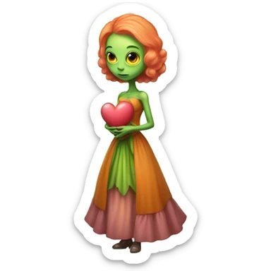 a green alien woman in Victorian orange dress, pink hair,holdig, red big hearth, full body sticker