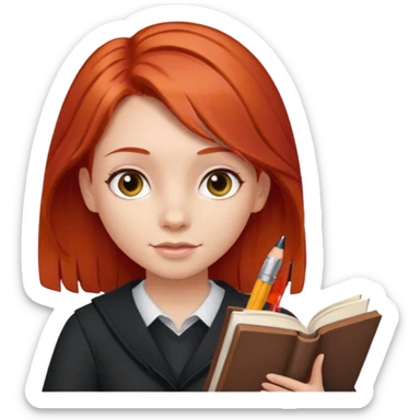 Girl with red hair around 8 with book and pen sticker