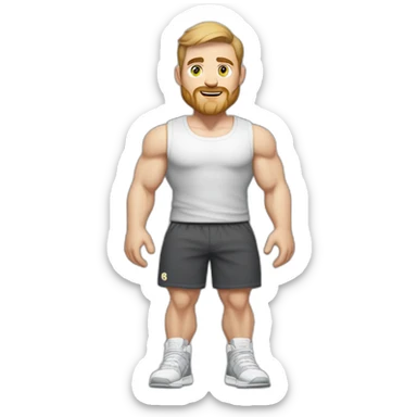 Full height Pale skinned fit man With biceps, Realistic eyes and mouth, light brown hair and stubble In dark gray sleeveless mike, black oversize sports shorts, watch and white sneakers. sticker