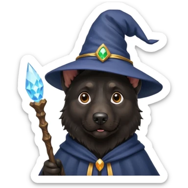 all black german shepherd face wearing a wizard hat and staff and magic emmiting from him sticker