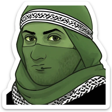 memoji-style brown man with a Palestinian keffiyeh scarf wrapped around his entire face, leaving only the eyes visible sticker
