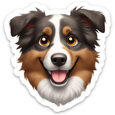 Australian Shepherd with a combination of gray, black, and brown fur, expressive brown eyes, and a big, happy smile. Its ears are fluffy, slightly perked, and it is wearing a red tag on its collar. sticker