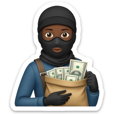 Ski mask holding bag of money with black face like skin color black sticker
