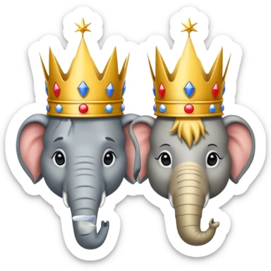 (Democratic Party) elephant facing (Republican Party) donkey neither wearing a crown.  Put face of Donald Trump wearing a crown in between them sticker