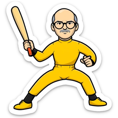 Steve Jobs with glasses and black turtleneck under Bruce Lee yellow jumpsuit, holding baseball bat and ball sticker