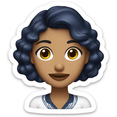 Mujer morena con ondas, de ojos cafés oscuros y que tenga una polera ajustada color navy blue sticker