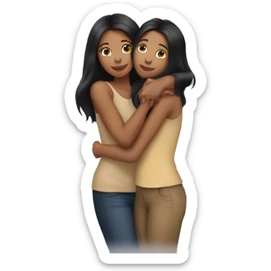 sisters hug, black long hair tan skin sticker