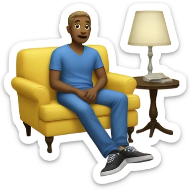 White human male in blue dress, sitting on jellow couch  sticker